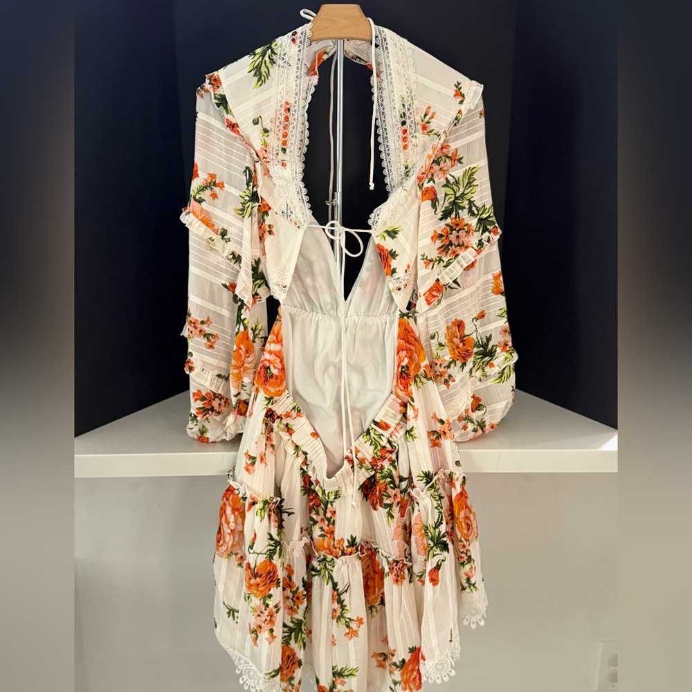 ASOS DESIGN lace insert tiered mini dress with trim in floral print - Picture 6 of 6